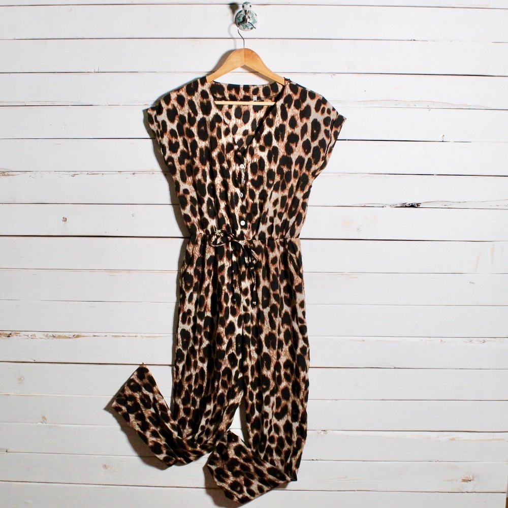 SOLD Cuffed Button Placket Leopard Jumpsuit NWT